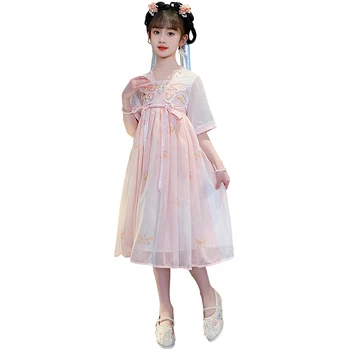 Современное стильное китайское традиционное платье Хань Фу для девочек с рисунком бабочки, детская классическая одежда Hanfu для 4, 5, 7, 9, 11, 13 лет