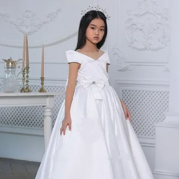 Белое Платье Трапециевидной формы с цветочным узором для девочек на Свадьбу, Атласное Платье Принцессы с открытыми плечами и бантом, Платье для Первого Причастия для девочек, Праздничное платье