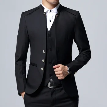 Мужской костюм, комплект из 3 предметов, приталенный пиджак, Брюки, Жилет для свадебного банкета, мужской воротник-стойка, однотонный деловой повседневный блейзер, пальто