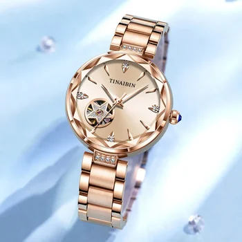 Роскошные Элегантные женские часы Sky Rold Gold из нержавеющей стали, выдалбливают reloj mujer от TIANBIN WATCH FACTORY + Коробка