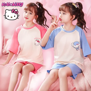 Летняя Детская пижама Hello Kitty Sanrio My Melody Kuromi с героями мультфильмов, Повседневная пижама из шелка льда с короткими рукавами, Модная домашняя одежда для девочек