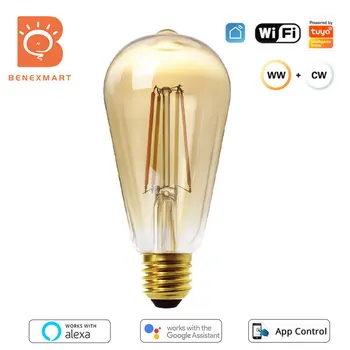 Benexmart Tuya WiFi Ретро Светодиодная Лампа Накаливания ST64 E27 Умная Вольфрамовая Лампа Винтажная С Регулируемой Яркостью 220 В Alexa Google Home Voice