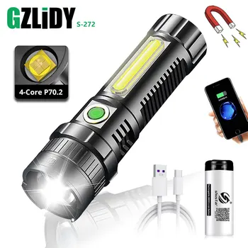 Мощный светодиодный фонарик XHP70.2 USB, Перезаряжаемый COB, Водонепроницаемый фонарь с Зумом и дисплеем мощности, Супер Яркий Свет 26650