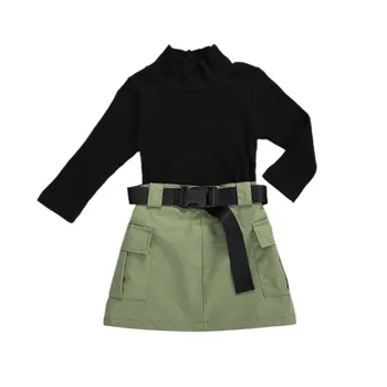 Модный комплект одежды для маленьких девочек, 3 шт., топ с высоким воротом, рубчатая однотонная рубашка + Рабочая юбка + комплект ремня, 1-6 лет