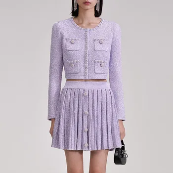 2023 Модная женская короткая куртка, однотонная юбка, комплекты из двух предметов, Осенняя Темпераментная плиссированная юбка, Элегантный дизайн