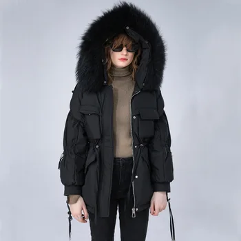 Пуховик с большим меховым воротником из енота, женское маленькое пальто оптом, зима 2022, утолщенная, плюс размер, обрезка талии, Корейский новый продукт