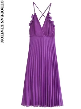 Женское платье с пайетками 2023, модное плиссированное платье миди с рюшами, винтажное платье с перекрещивающимися тонкими бретельками без спинки, женские платья vestidos mujer