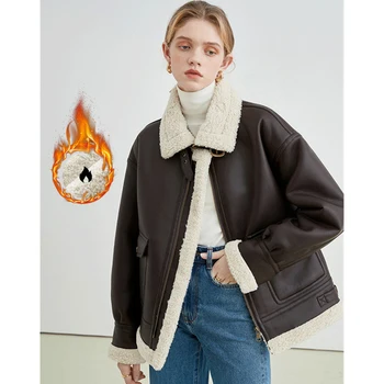 Коричневая Кожаная куртка, женская дубленка из искусственного меха 2023, Свободная овечья шерсть, Бархат, Модные теплые зимние куртки для женщин