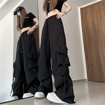 MINGLIUSILI/ Летние Широкие брюки 2023, Хлопковые черные брюки с высокой талией, брюки Оверсайз в корейском стиле с прямыми карманами