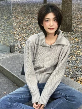 Deeptown, корейский модный серый вязаный кардиган, женский винтажный свитер на молнии, женские повседневные однотонные топы с длинными рукавами в стиле харадзюку, зимние