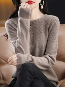 Aliselect Осень-зима, Женский вязаный Белый пуловер из 100% шерсти мериноса, свитер с длинным рукавом, однотонный классический топ с круглым вырезом