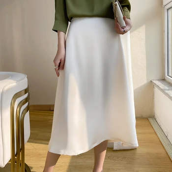 Женская юбка-Полукомбинезон из гладкого атласа, Новая Летняя модная однотонная юбка Макси Средней длины Трапециевидной формы с высокой талией в тон