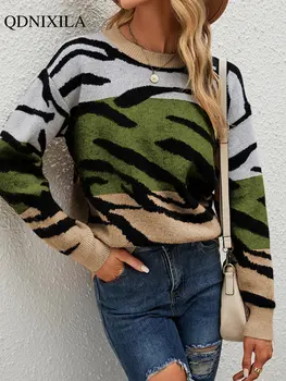 Осенне-зимний новый трикотажный женский свитер с цветными блоками и рисунком тигра, Свободный Модный вязаный пуловер большого размера с длинным рукавом и круглым вырезом