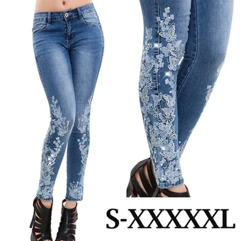 Стрейчевые джинсы с вышивкой для женщин, Эластичные джинсы в цветочек, Женские узкие джинсовые брюки, джинсы с рисунком Pantalon Femme