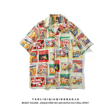 Harajuku Classic Snack Fun Beans, Японская Аниме Рубашка на Пуговицах Для Девочек-подростков, Кавайная Одежда, Новые Летние Гавайские Пляжные Топы Оверсайз