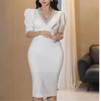 2023, летняя мода, Новый корейский стиль, Женское элегантное Темпераментное кружевное платье с V-образным вырезом, тонкое сексуальное платье средней длины