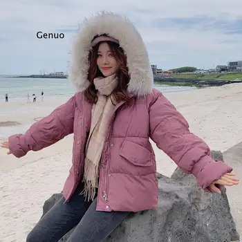 Новинка зимы, корейская студенческая толстая розовая свободная хлопковая женская белая стеганая теплая повседневная куртка с капюшоном