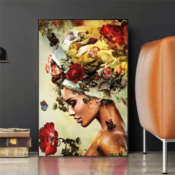 Профиль Женщины Цветочные художественные Плакаты и принты Картины на холсте Настенные художественные картины для декора гостиной