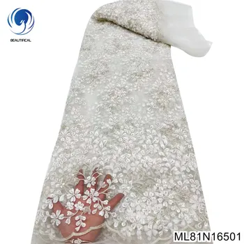 Модный Хит Продаж, Белый Мелкий Цветочный Дизайн, Африканские Блестки с Опулярным Французским Тяжелым Бисерным Кружевом для Свадебного Платья ML81N165