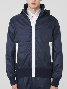 Мужская Повседневная куртка TB THOM, однотонная модная куртка с капюшоном, легкое и тонкое водонепроницаемое пальто на молнии, мужской топ, Свободное пальто, Ветровка