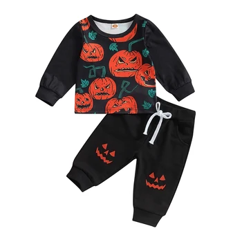 Одежда для маленьких мальчиков на Хэллоуин, толстовки с длинными рукавами и длинными штанами с принтом злой тыквы, комплект осенней одежды из 2 предметов