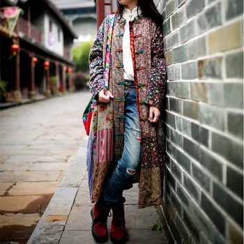 Бесплатная доставка, Винтажное хлопчатобумажное льняное длинное пальто до середины икры, Женская Свободная верхняя одежда в китайском стиле с цветочным рисунком, платья в стиле пэчворк с длинным рукавом