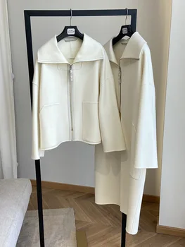Белое кашемировое двустороннее кашемировое пальто с отворотом силуэта и шерстяное пальто средней длины для женщин