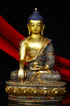 Коллекция Тибетского храма 8 дюймов Старинный тибетский серебряный контур в золотой мозаике Драгоценный камень Будда Шакьямуни Терраса с лотосом Зал поклонения Городской дом