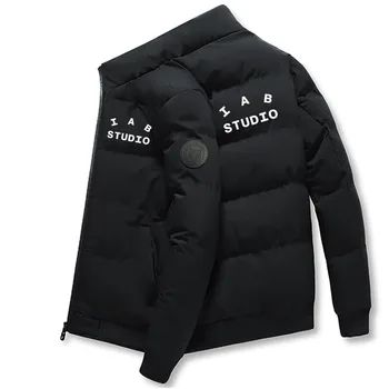 IAB STUDIO2023 Зимняя мужская теплая куртка, непромокаемое пальто, парка с буквенным принтом, Пуховая хлопковая брендовая рубашка на молнии со стоячим вырезом