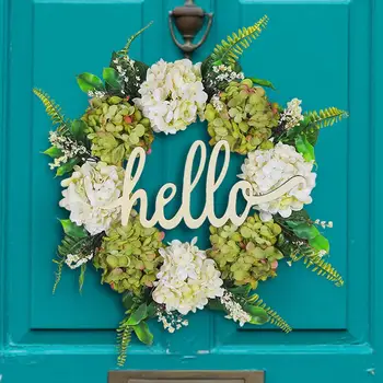 Искусственный венок для домашнего декора, праздничный Привет, зелено-белая гортензия, искусственный венок, очаровательная входная дверь для фестивалей
