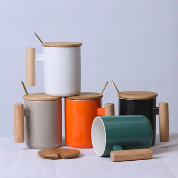 Скандинавская керамическая кружка, креативная чашка с деревянной ручкой, простая художественная чашка, кофейная чашка, чашка для молока с ложкой для перемешивания с крышкой