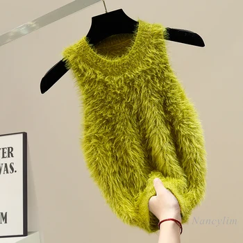 Пуловер с круглым вырезом, приталенный Короткий мохеровый свитер без рукавов, майка для женщин, приталенный эластичный топ Y2k, осень 2023