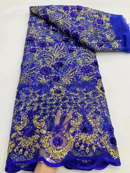 Новейшая Королевская Голубая африканская кружевная ткань 2023 с пайетками, Высококачественная вышивка Для женского свадебного платья, сетчатая ткань 5 ярдов