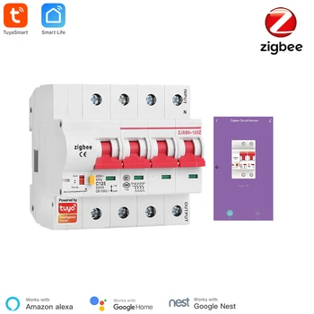 Автоматический выключатель Tuya Smart Zigbee 4P Smart Switch Защита От перегрузки и короткого замыкания SmartThings Alexa, Совместимый С Zigbee MCB