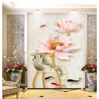 beibehang Классические обои мрамор новый китайский трехмерный рельефный фон крыльца с лотосом обои для домашнего декора behang