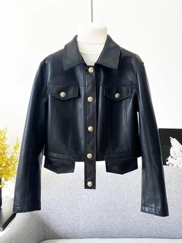 Куртки из натуральной кожи с металлическими пуговицами, женские весенние новинки, верхняя одежда из мягкой кожи, Короткие топы, мотоциклетная куртка wy757