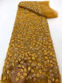 Золотые французские 3D Цветы бусины Кружевная ткань 2023 Вышивка Высококачественная африканская кружевная ткань с пайетками Для Новобрачных