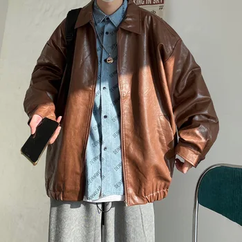 Мужская куртка из искусственной кожи Свободного Кроя, Темпераментный топ с лацканами, куртка в мотоциклетном стиле, Весенне-осенняя одежда