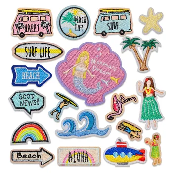 Нашивки с вышивкой в тропическом стиле, аппликации в гавайском стиле, Наклеивающиеся значки для пляжного серфинга, Тканевые наклейки Aloha Label Label для девочек
