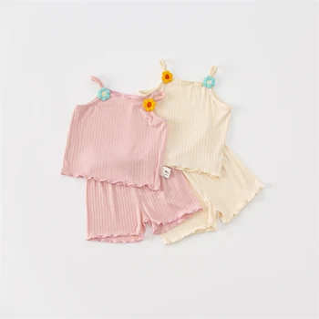Комплекты из 2 предметов, жилет и шорты для маленьких девочек, Летние футболки без рукавов для малышей, Брюки, Наряд, Повседневная пляжная майка с цветами