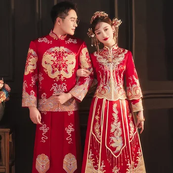 Wedding Dress Golden Embroidery Traditional Chinese Clothing For Men Women Classic Cheongsam China Qipao костюм для восточных