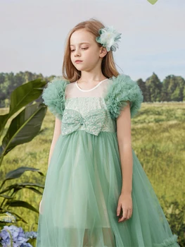 2023 Платье принцессы для девочек, Повседневные детские тюлевые зеленые Элегантные платья, Модная одежда для церемонии Первого Причастия для детей