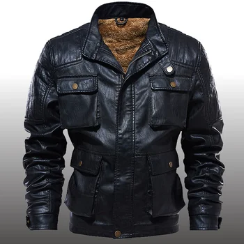 Мужская зимняя толстая флисовая куртка из искусственной кожи, мотоциклетное пальто-бомбер, мужская винтажная теплая верхняя одежда с меховой подкладкой