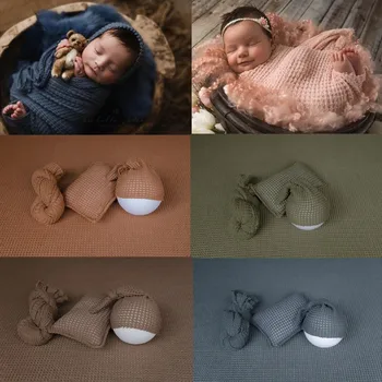 Реквизит для фотосъемки новорожденных, Детское одеяло, шапка, подушка, Вязаные ткани с высокой эластичностью, Аксессуары для фотосъемки Bebe
